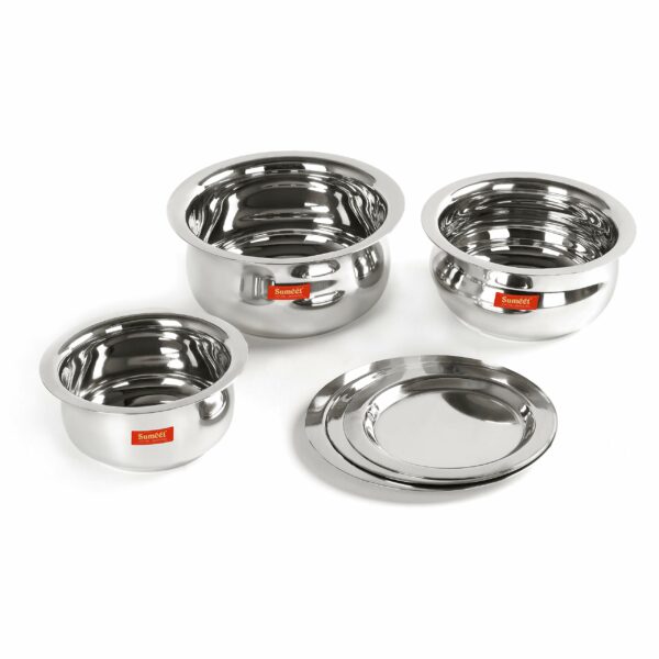 Sanskriti Exports Stainless Steel Belly Shape 3 Pc Tope/Cookware/Pot Set with Lid 380ML, 500ML, 780ML, (Silver)