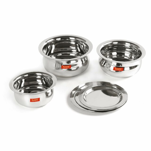 Sanskriti Exports Stainless Steel Belly Shape 3 Pc Tope/Cookware/Pot Set with Lid 380ML, 500ML, 780ML, (Silver)