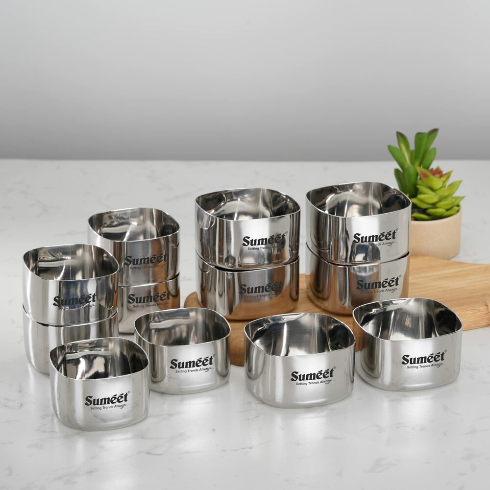 Sanskriti Exports Heavy Gauge Stainless Steel Square Bowl/Wati/Katori with Mirror Finish ? 6.5cm & 7cm Dia, set of 12pc, 150ML & 200ML Each - Silver - Image 5