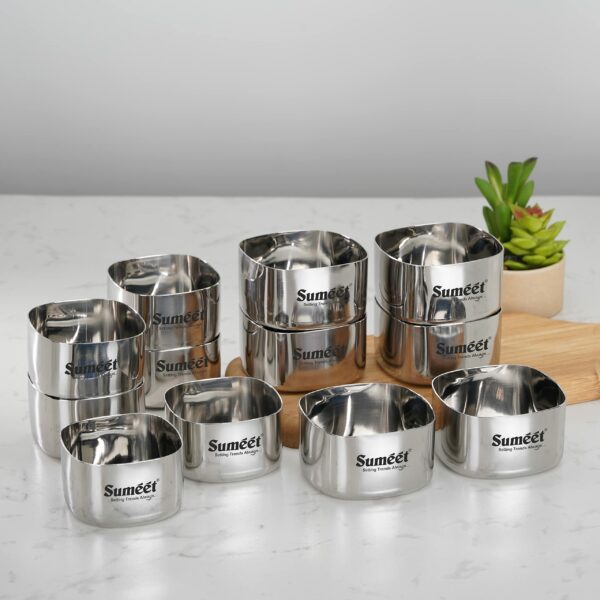 Sanskriti Exports Heavy Gauge Stainless Steel Square Bowl/Wati/Katori with Mirror Finish ? 6.5cm & 7cm Dia, set of 12pc, 150ML & 200ML Each - Silver