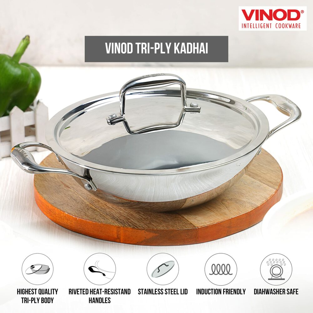 Vinod Platinum Triply Stainless Steel Kadai with lid 2 5 Litre (24 cm Dia) | 2 5mm Thick | 3 Layer Stainless Steel Cookware | 5 Year Warranty | Induction & Gas Base | Heavy Base - Image 3