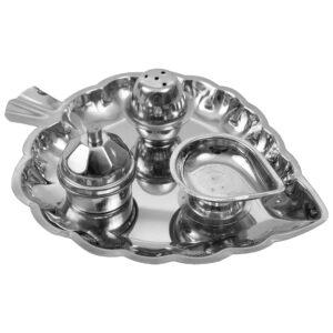Spillbox Traditional Handcrafted Stainless Steel Thali Kumkum Plate for Pooja/Worship-Bowl-Dhoop-Diya (Silver)