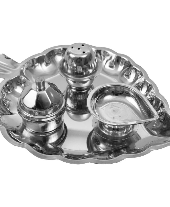 Spillbox Traditional Handcrafted Stainless Steel Thali Kumkum Plate for Pooja/Worship-Bowl-Dhoop-Diya (Silver)