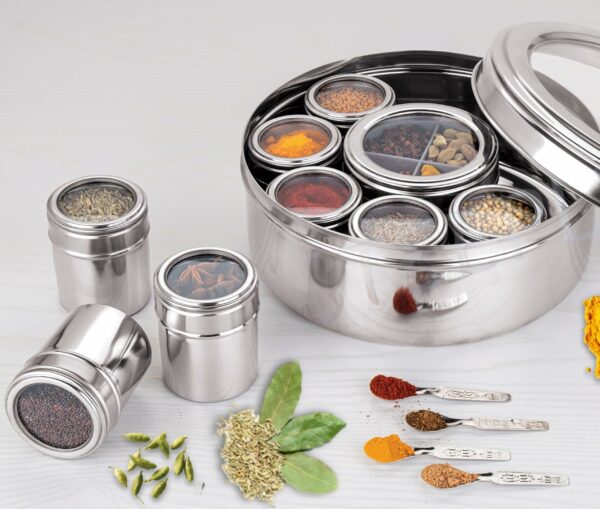 Sanskriti Exports Stainless Steel Masala Box with See-Through Lid | Large Spice Organizer Set of 12 | Indian Kitchenware for Masala Storage (2.5L) - Image 2