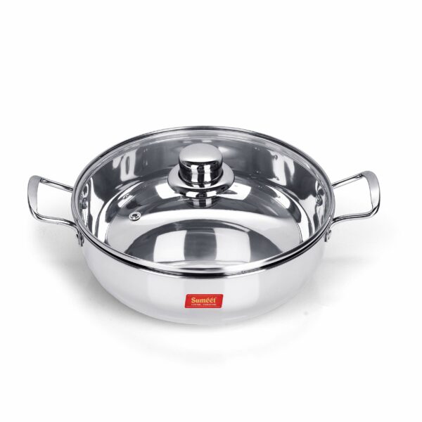 Sanskriti Exports stainless steel kadhai with glass lid 1 5 litres capacity 20 5 x 20 5 x 6 6 Centimeters 2 piece (Induction and Gas Stove Friendly)