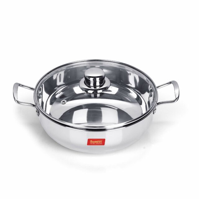 Sanskriti Exports stainless steel kadhai with glass lid 1 5 litres capacity 20 5 x 20 5 x 6 6 Centimeters 2 piece (Induction and Gas Stove Friendly)