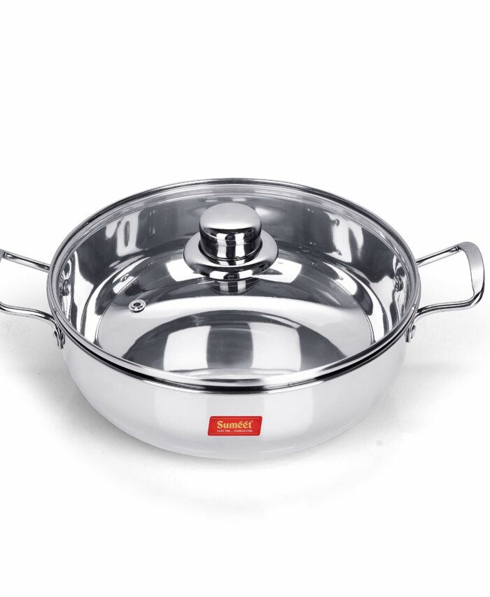 Sanskriti Exports stainless steel kadhai with glass lid 1 5 litres capacity 20 5 x 20 5 x 6 6 Centimeters 2 piece (Induction and Gas Stove Friendly)