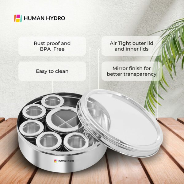 Sanskriti Exports 12-in-1 Stainless Steel Masala Dabba | Spice Box with Partitioned Middle Container & 3 Spoons | See-Through Lid | Masala Dani for Kitchen (22 cm, Silver)