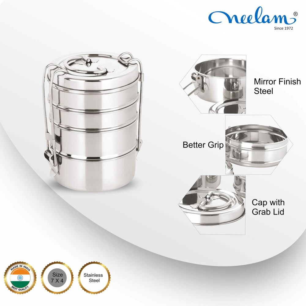Sanskriti Exports Stainless Steel Lunch Box/Tiffin with Locking Clip, 4-Tier Container, 1500 ml, Hot & Cold Leak-Proof, Compact & Durable, Perfect for Office, School, Picnic and Travel, Silver - Image 3