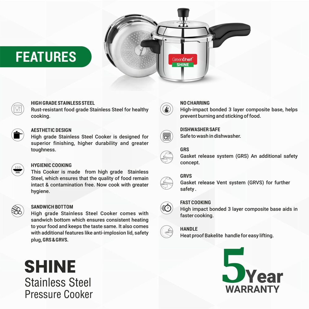 Sanskriti Exports Shine outer lid Stainless steel Pressure cooker 3 litre Induction Compatible - ISI Certified - Image 4