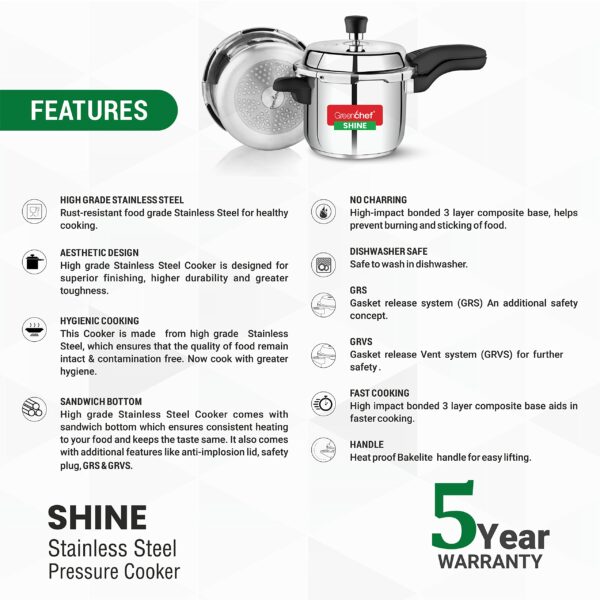 Sanskriti Exports Shine outer lid Stainless steel Pressure cooker 3 litre Induction Compatible - ISI Certified
