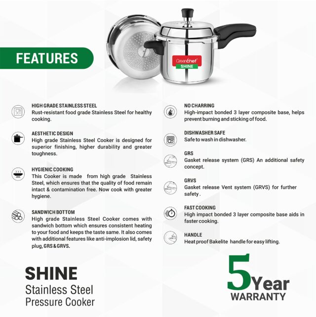 Sanskriti Exports Shine outer lid Stainless steel Pressure cooker 3 litre Induction Compatible - ISI Certified