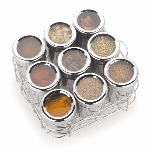 Sanskriti Exports 9 Square Stainless Steel Spice Box | Masala Box For Kitchen | Organiser With 9 Compartment, Sanskriti Exports Dabba, Square Masala Dani For Kitchen, Rust Resistant See-Through Lid, Silver