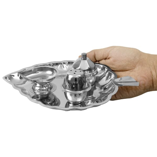 Spillbox Traditional Handcrafted Stainless Steel Thali Kumkum Plate for Pooja/Worship-Bowl-Dhoop-Diya (Silver) - Image 5