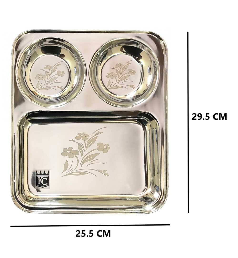 Sanskriti Exports Stainless Steel Laser Partition Plate 3 in1 | Bhojan Thali | Dinner Plate Set of 2 - Image 3