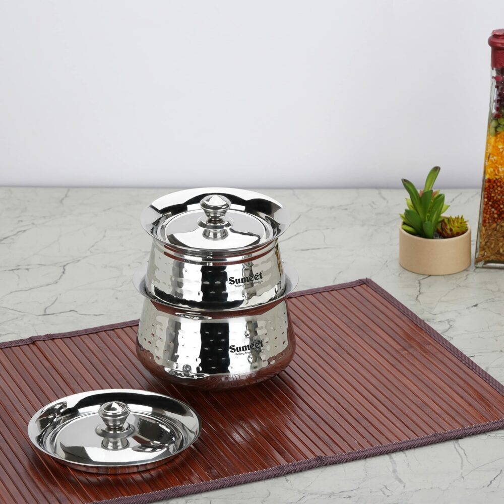 Sanskriti Exports Stainless Steel Handcrafted Hammered Texture Handi Set with Lid for Kitchen, Set of 2, 460ml & 650ml, Silver - Image 3