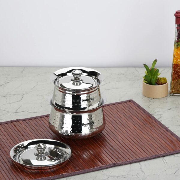 Sanskriti Exports Stainless Steel Handcrafted Hammered Texture Handi Set with Lid for Kitchen, Set of 2, 460ml & 650ml, Silver