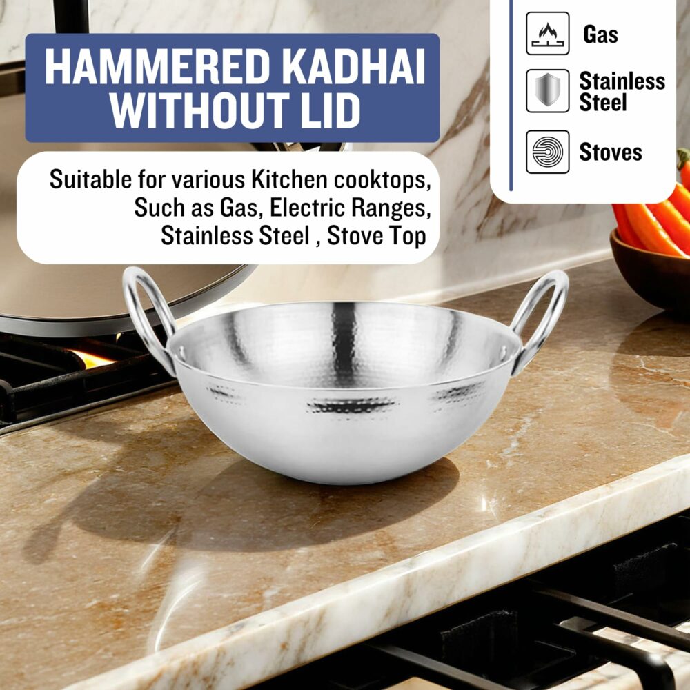 Sanskriti Exports kadhai Steel Stainless 0 5 Litre | Round Bottom Kadai for Cooking | Gauge Hammered Kadai for Frying | Kadhai for Deep Frying |kadhai with Handle |Compatible Gas Stove - Image 5