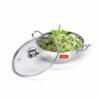 Sanskriti Exports stainless steel kadhai with glass lid 1 5 litres capacity 20 5 x 20 5 x 6 6 Centimeters 2 piece (Induction and Gas Stove Friendly)