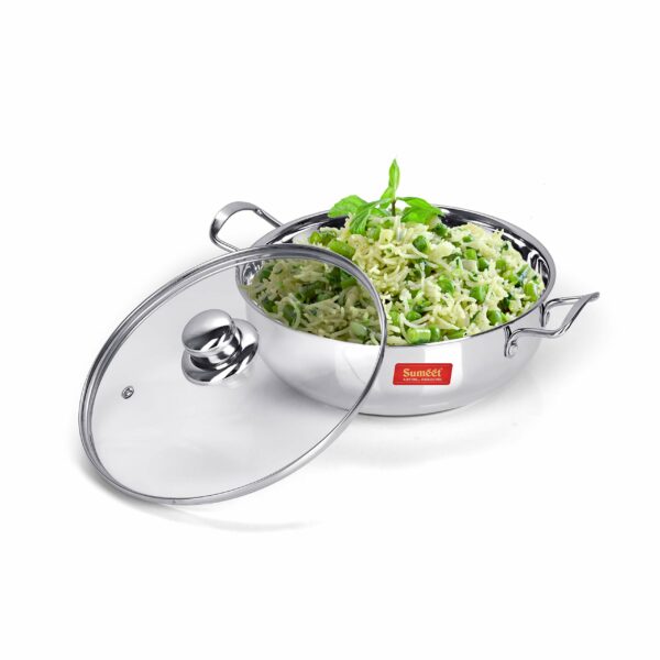 Sanskriti Exports stainless steel kadhai with glass lid 1 5 litres capacity 20 5 x 20 5 x 6 6 Centimeters 2 piece (Induction and Gas Stove Friendly)