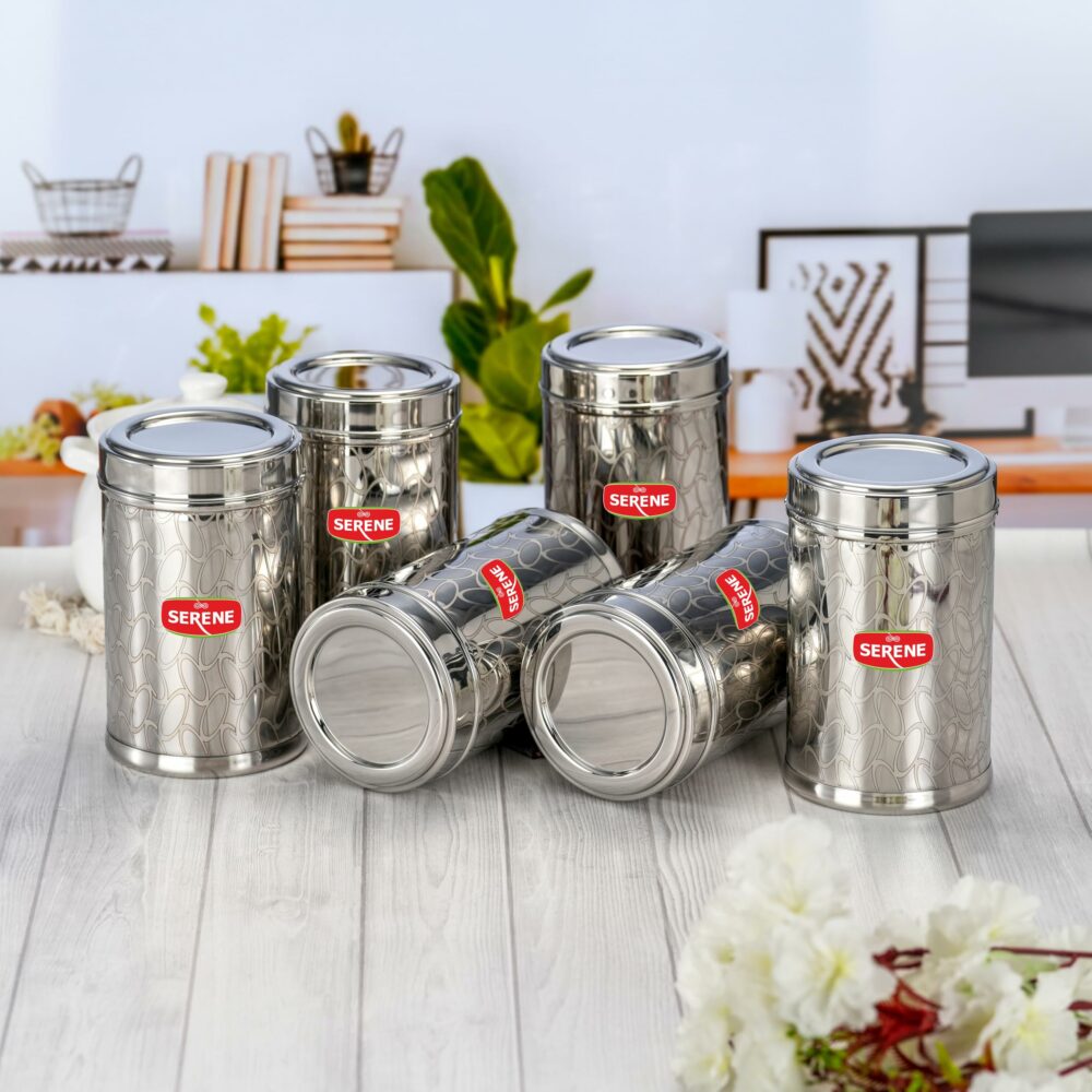 Sanskriti Exports Stainless Steel Storage Jars | Air Tight Steel Containers for Kitchen | Ideal for Storing Grains | Perfect for Daily Use | Easy to Clean | Set of 6 | Steel Jars & Dabba | 1150 ML Each