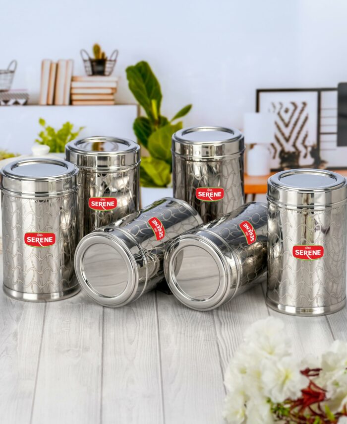 Sanskriti Exports Stainless Steel Storage Jars | Air Tight Steel Containers for Kitchen | Ideal for Storing Grains | Perfect for Daily Use | Easy to Clean | Set of 6 | Steel Jars & Dabba | 1150 ML Each