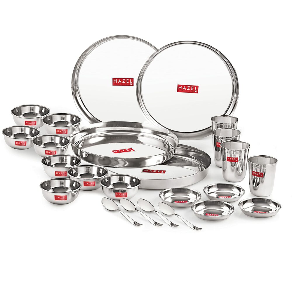 Sanskriti Exports Stainless Steel Dinner Set of 24 Pieces | 4 Plates, 4 Glasses, 8 Bowls, 4 Spoons, 4 Dessert Plates
