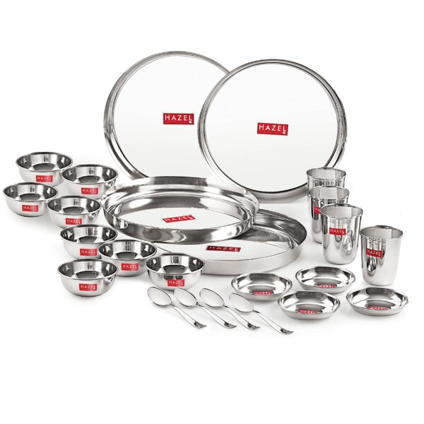 Sanskriti Exports Stainless Steel Dinner Set of 24 Pieces | 4 Plates, 4 Glasses, 8 Bowls, 4 Spoons, 4 Dessert Plates