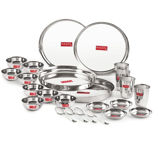 Sanskriti Exports Stainless Steel Dinner Set of 24 Pieces | 4 Plates, 4 Glasses, 8 Bowls, 4 Spoons, 4 Dessert Plates