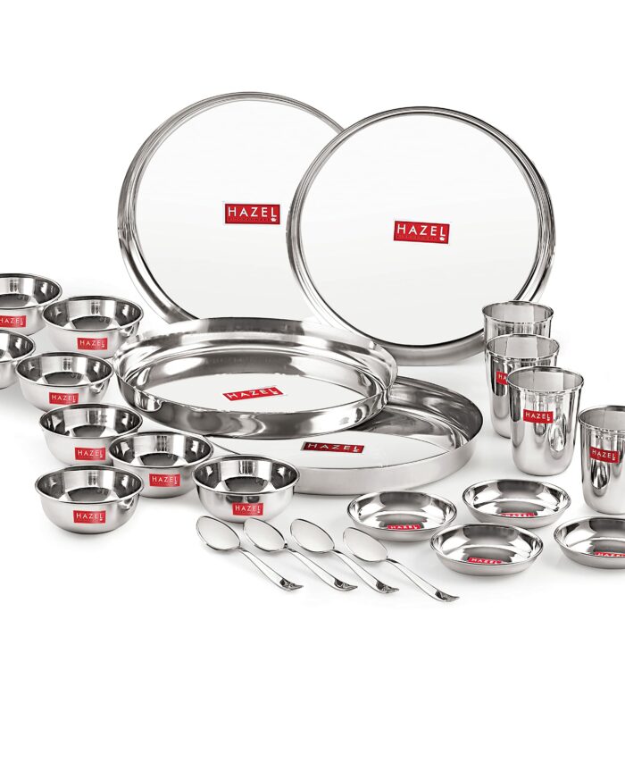 Sanskriti Exports Stainless Steel Dinner Set of 24 Pieces | 4 Plates, 4 Glasses, 8 Bowls, 4 Spoons, 4 Dessert Plates