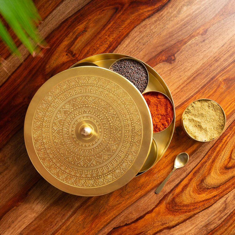 ExclusiveLane 'Floral-Etched' Handcrafted Brass Spice Box for Kitchen with Spoon Brass Masala Box Masala Dani Masala Dabba & Spice Container (7 Detachable Containers, 100 ML) Gold