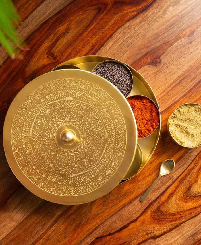 ExclusiveLane 'Floral-Etched' Handcrafted Brass Spice Box for Kitchen with Spoon Brass Masala Box Masala Dani Masala Dabba & Spice Container (7 Detachable Containers, 100 ML) Gold