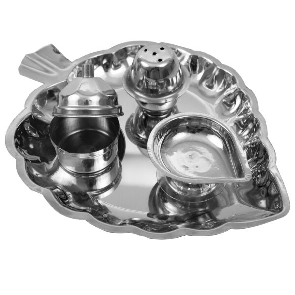 Spillbox Traditional Handcrafted Stainless Steel Thali Kumkum Plate for Pooja/Worship-Bowl-Dhoop-Diya (Silver) - Image 2