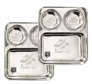 Sanskriti Exports Stainless Steel Laser Partition Plate 3 in1 | Bhojan Thali | Dinner Plate Set of 2