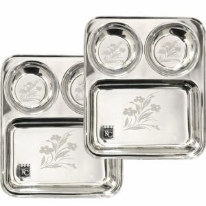 Sanskriti Exports Stainless Steel Laser Partition Plate 3 in1 | Bhojan Thali | Dinner Plate Set of 2