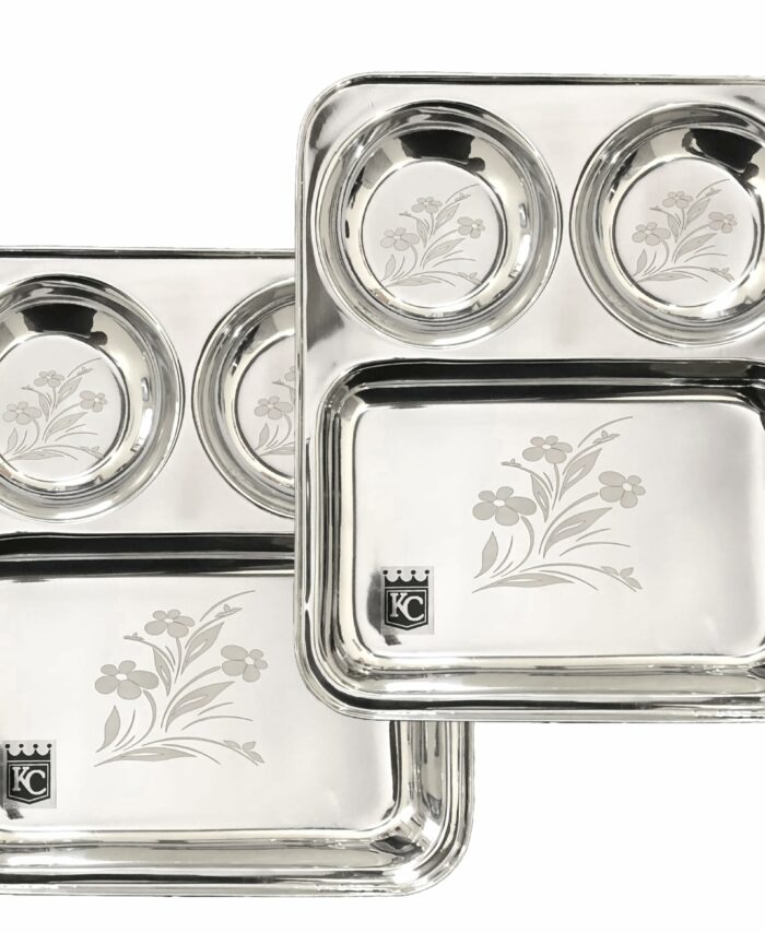 Sanskriti Exports Stainless Steel Laser Partition Plate 3 in1 | Bhojan Thali | Dinner Plate Set of 2
