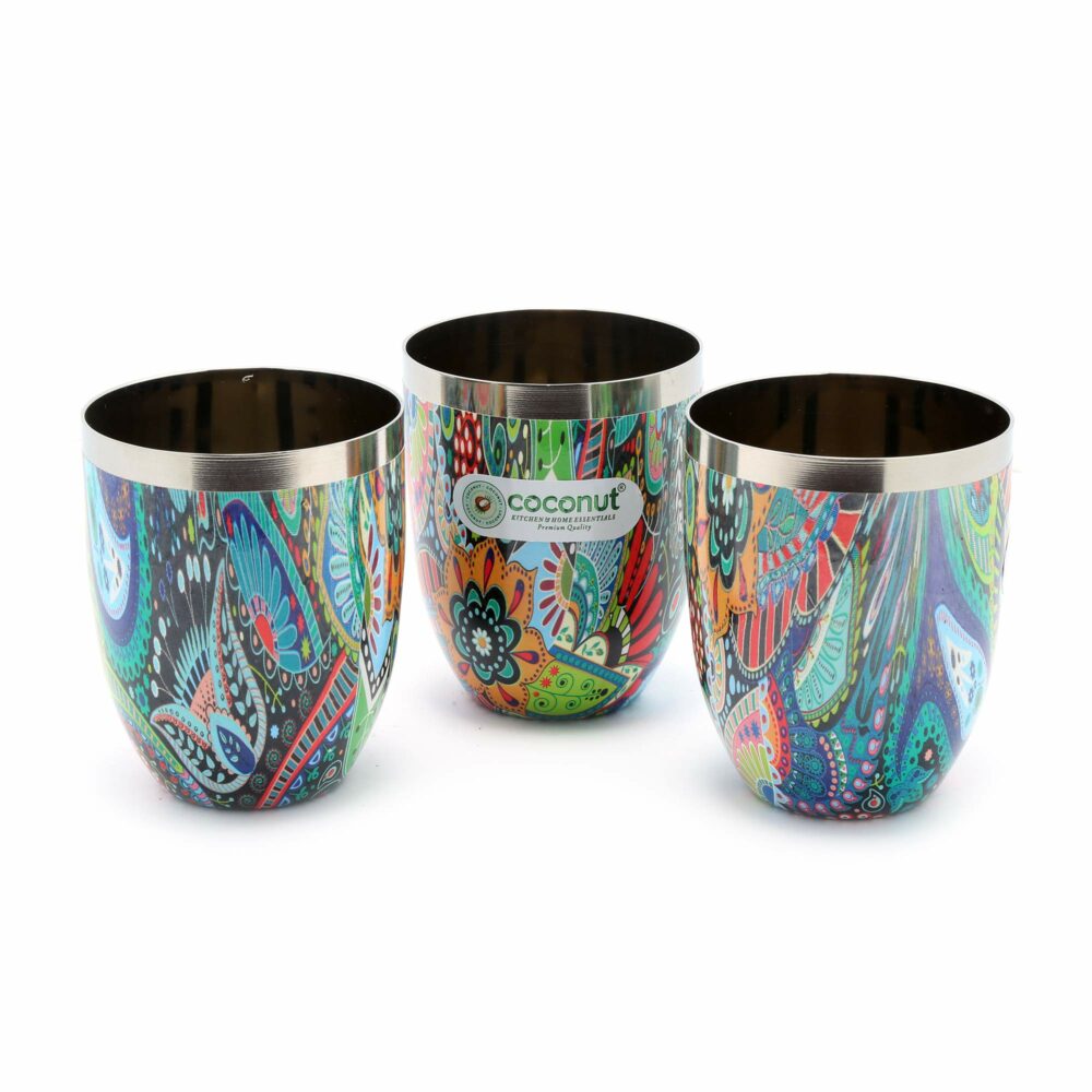 Stainless Steel - Mystic Color Glass | for Home, Office & Restaurant Drinkware, Serving for Tea, Coffee, Lassi, Chaas, Water, Juice & Lemonade Pack of 3 (300ml Each)
