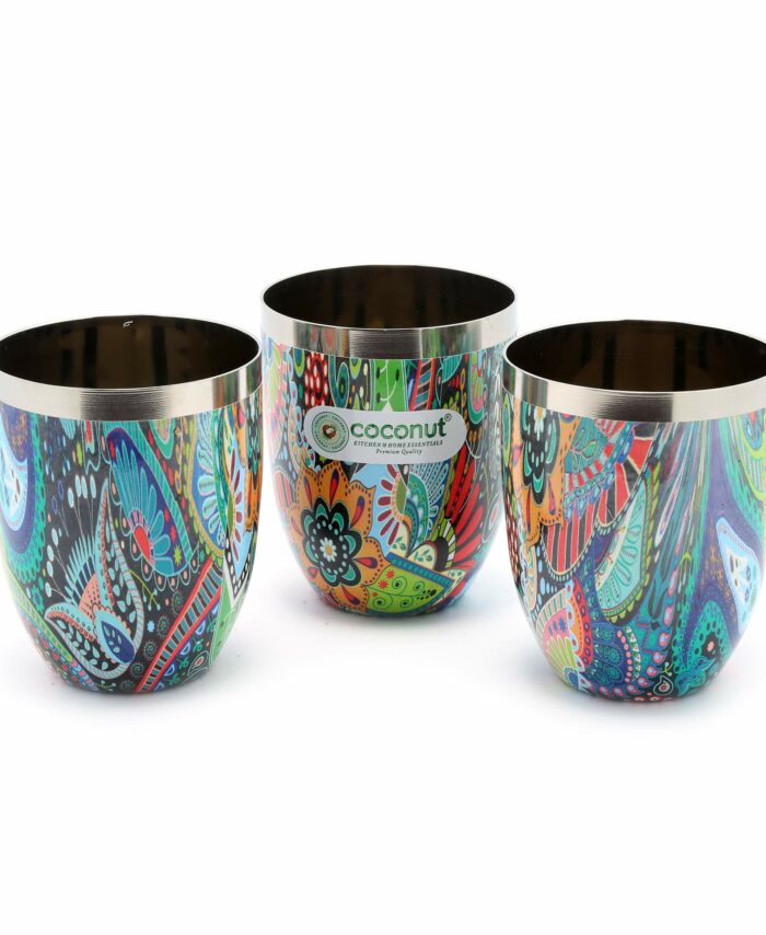 Stainless Steel - Mystic Color Glass | for Home, Office & Restaurant Drinkware, Serving for Tea, Coffee, Lassi, Chaas, Water, Juice & Lemonade Pack of 3 (300ml Each)