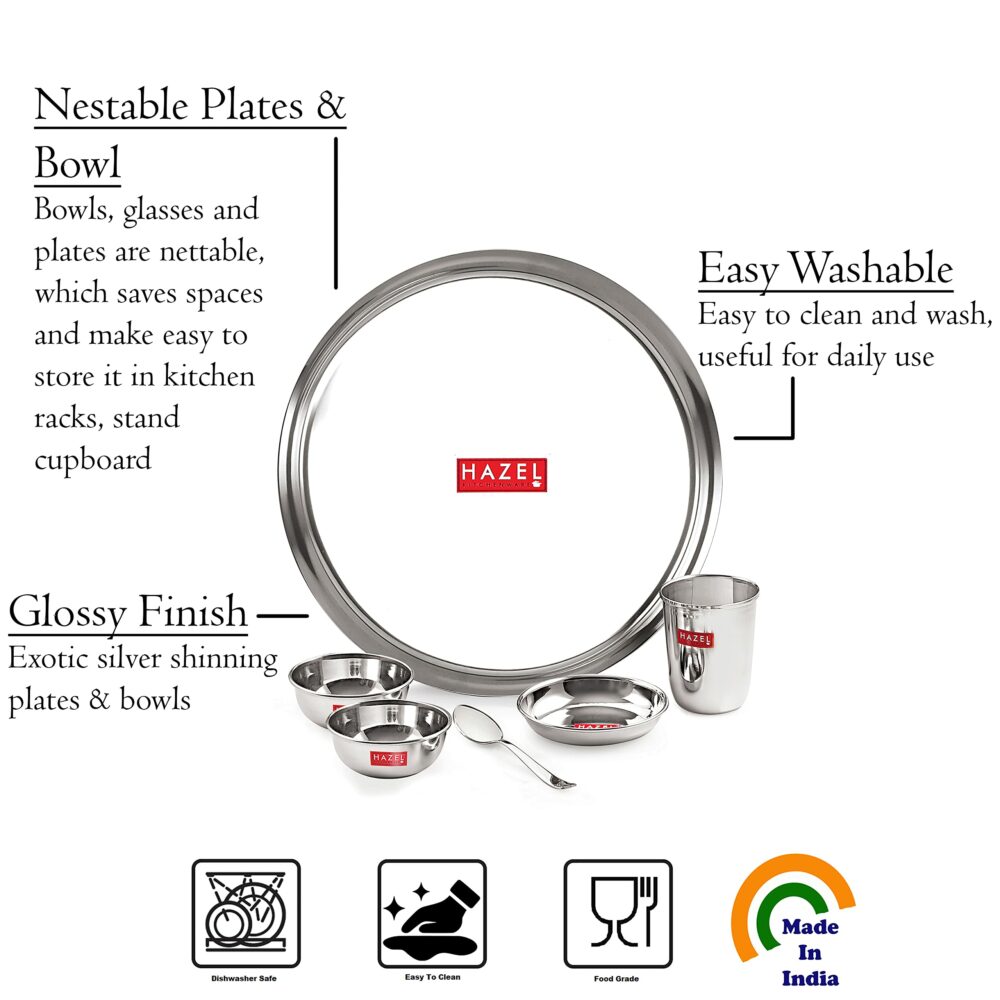 Sanskriti Exports Stainless Steel Dinner Set of 24 Pieces | 4 Plates, 4 Glasses, 8 Bowls, 4 Spoons, 4 Dessert Plates - Image 3