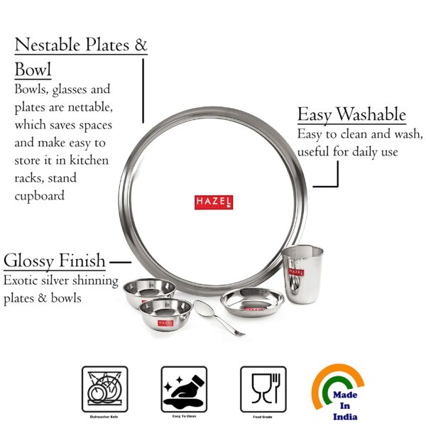 Sanskriti Exports Stainless Steel Dinner Set of 24 Pieces | 4 Plates, 4 Glasses, 8 Bowls, 4 Spoons, 4 Dessert Plates