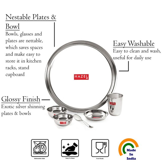 Sanskriti Exports Stainless Steel Dinner Set of 24 Pieces | 4 Plates, 4 Glasses, 8 Bowls, 4 Spoons, 4 Dessert Plates
