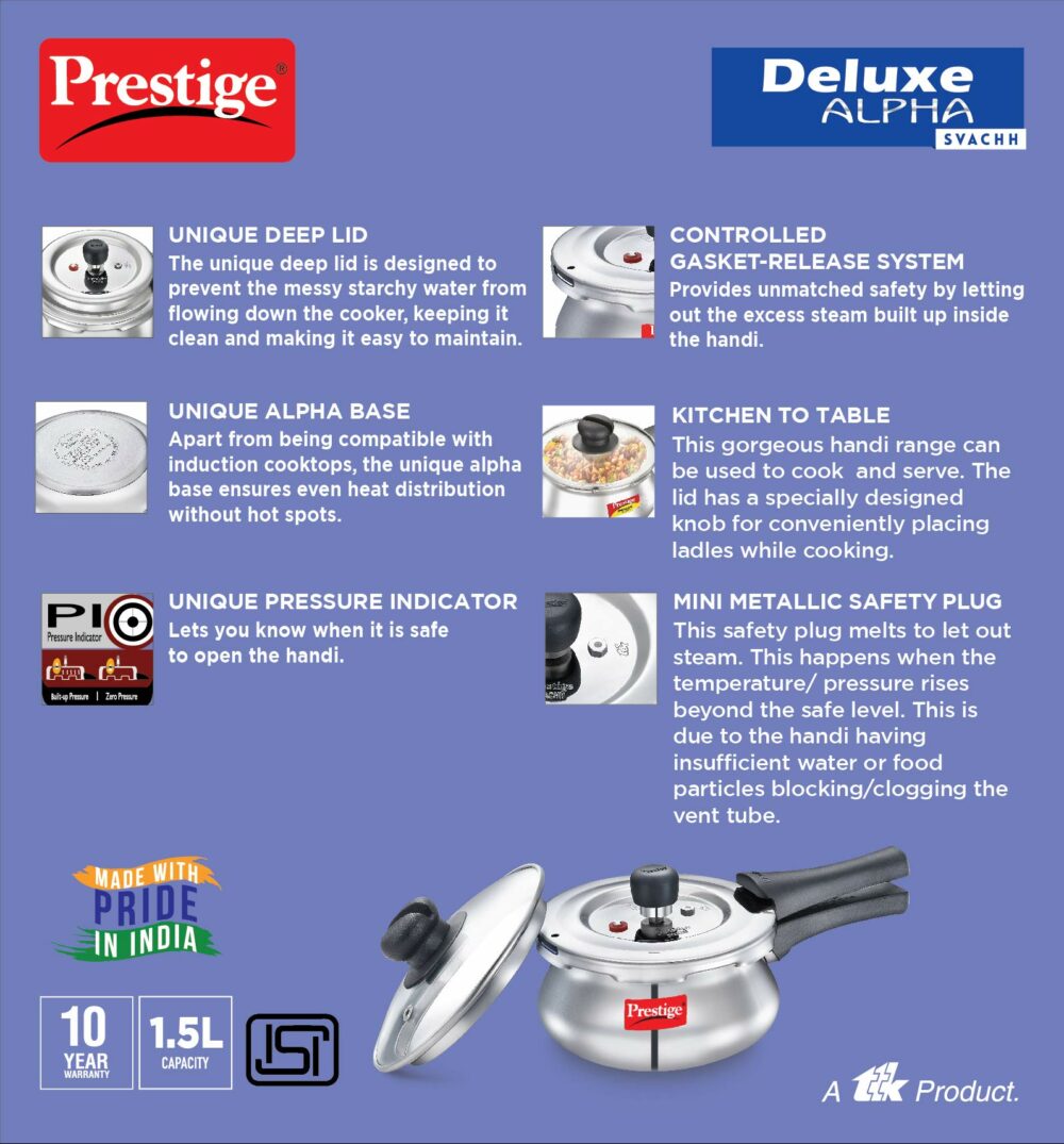 Prestige Deluxe Alpha Svachh Stainless Steel Pressure Cooker 1.5L With Glass Lid (With Deep Lid For Spillage Control) - Image 4