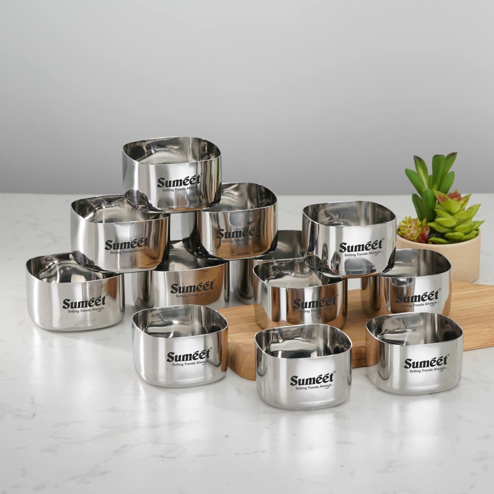 Sanskriti Exports Heavy Gauge Stainless Steel Square Bowl/Wati/Katori with Mirror Finish ? 6.5cm & 7cm Dia, set of 12pc, 150ML & 200ML Each - Silver - Image 6