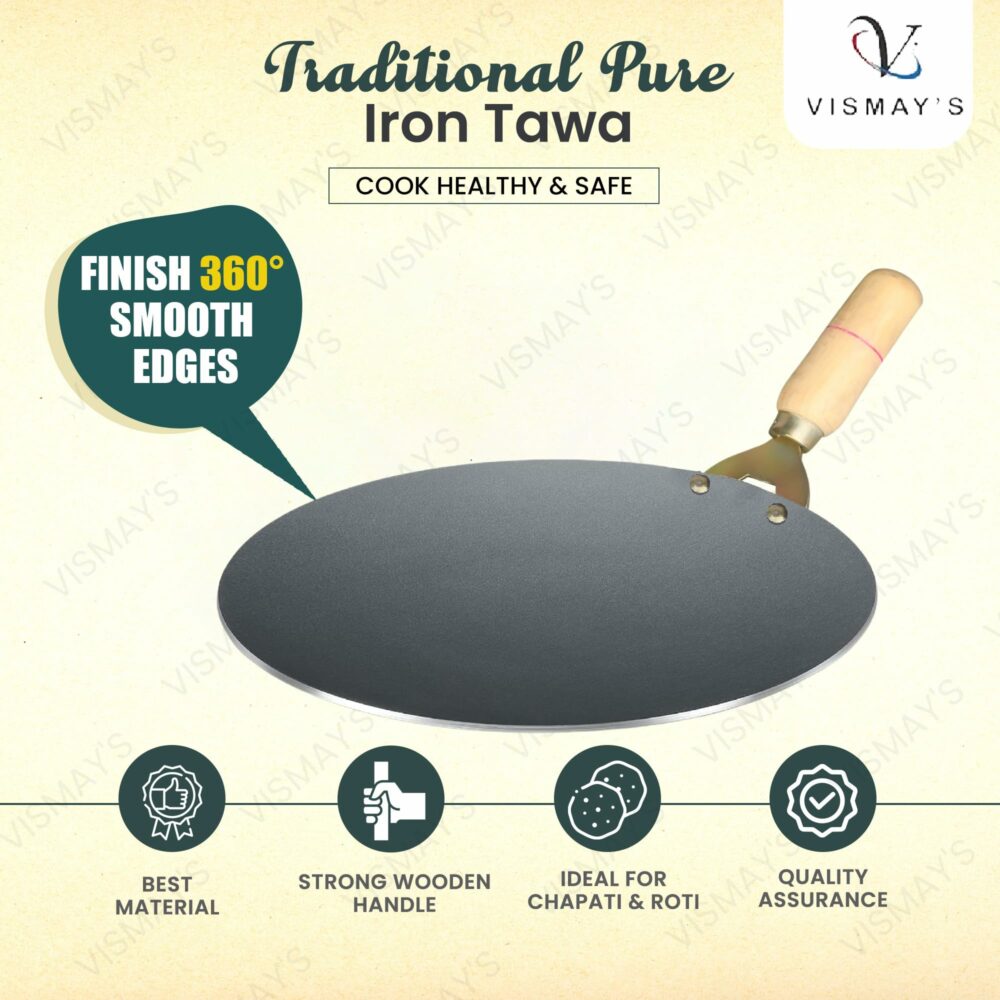 Sanskriti Exports Pure Iron Tawa with Unique Smooth Edges - First Time in India, Metal Spoon Friendly Dishwasher Safe, Strong Riveted Wooden Handle Perfect for Roti & Chapati - 9.5 Inch - Image 4
