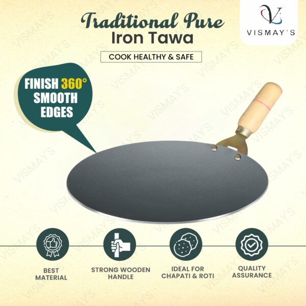 Sanskriti Exports Pure Iron Tawa with Unique Smooth Edges - First Time in India, Metal Spoon Friendly Dishwasher Safe, Strong Riveted Wooden Handle Perfect for Roti & Chapati - 9.5 Inch