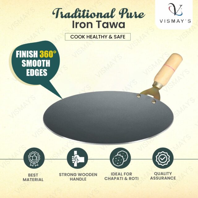 Sanskriti Exports Pure Iron Tawa with Unique Smooth Edges - First Time in India, Metal Spoon Friendly Dishwasher Safe, Strong Riveted Wooden Handle Perfect for Roti & Chapati - 9.5 Inch
