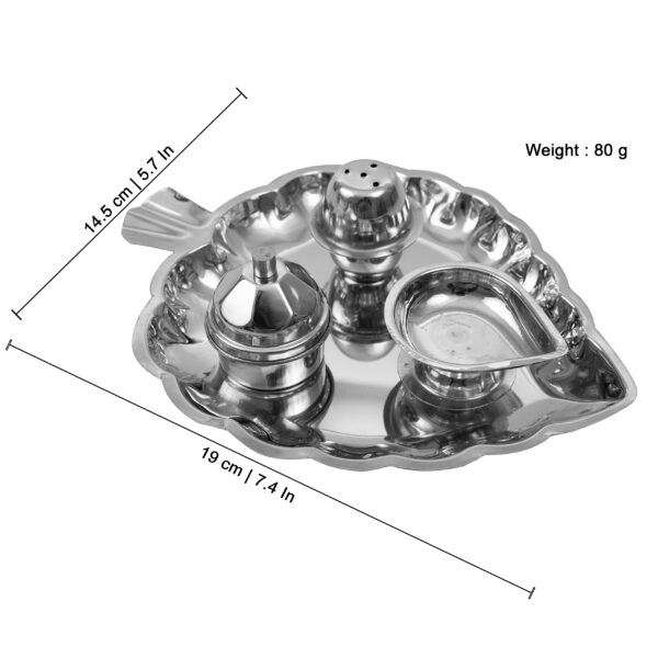 Spillbox Traditional Handcrafted Stainless Steel Thali Kumkum Plate for Pooja/Worship-Bowl-Dhoop-Diya (Silver) - Image 6