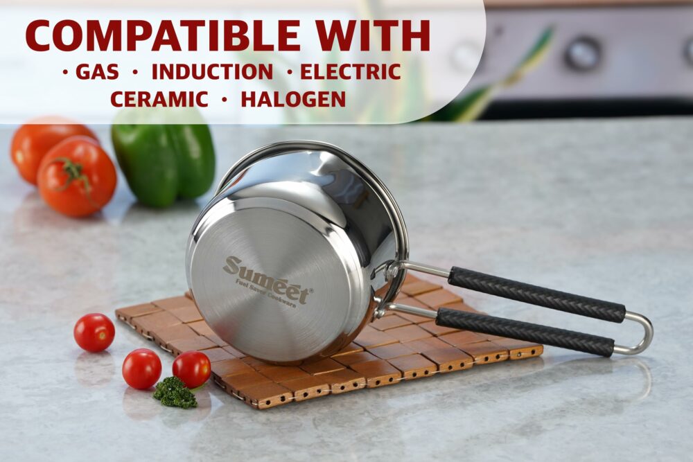 Sanskriti Exports Stainless Steel Induction Bottom Gas Stove & Induction Friendly Saucepan with Bacelite Wire Handle, 900ml, 12 cm Dia, Silver - Image 6