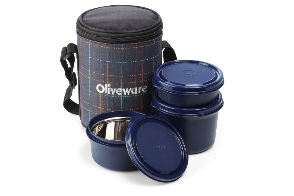 Sanskriti Exports Infinite Lunch Box, Microwave Safe & Leak Proof, 3 Inside Steel Containers with BPA Free Airtight Lids (290ml, 450ml & 600ml), Fabric Bag - Blue