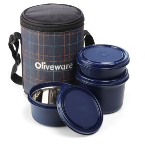 Sanskriti Exports Infinite Lunch Box, Microwave Safe & Leak Proof, 3 Inside Steel Containers with BPA Free Airtight Lids (290ml, 450ml & 600ml), Fabric Bag - Blue